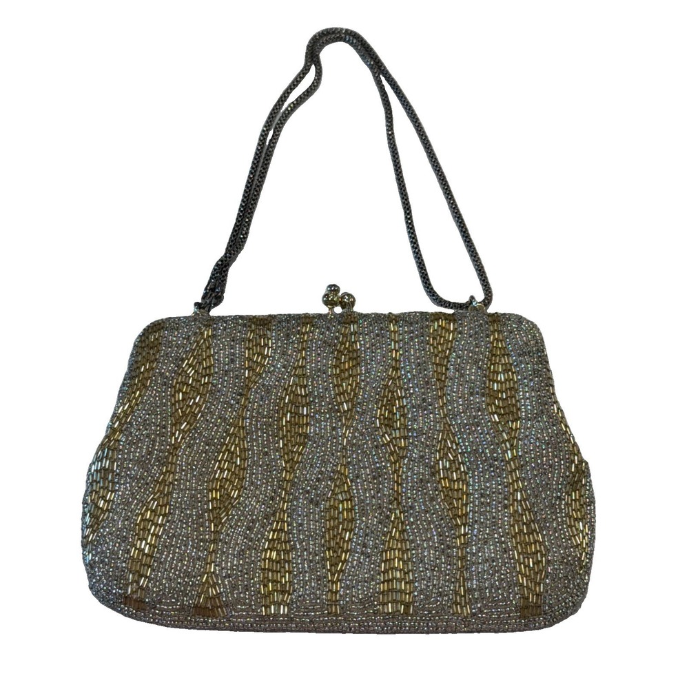 Vintage Delill Beaded Evening Bag Seed Bead Purse Silver &Gold Detachable Chain